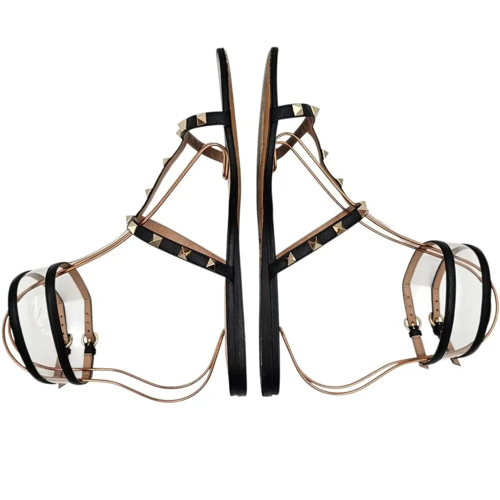 Valentino Garavani Rockstud Cage Flat Sandal Black Leather Gold Size 39.5 9.5